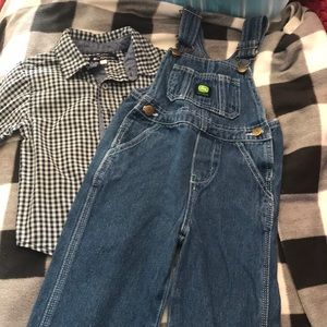 John Deere overalls and button up shirt 2T